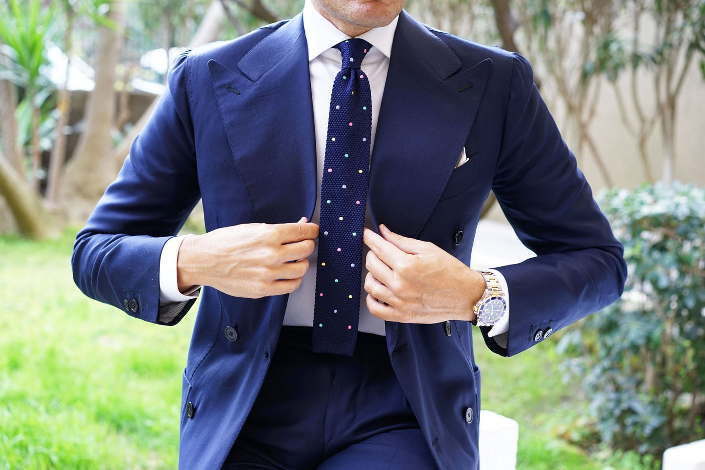 Navy Knitted Polkadot Tie