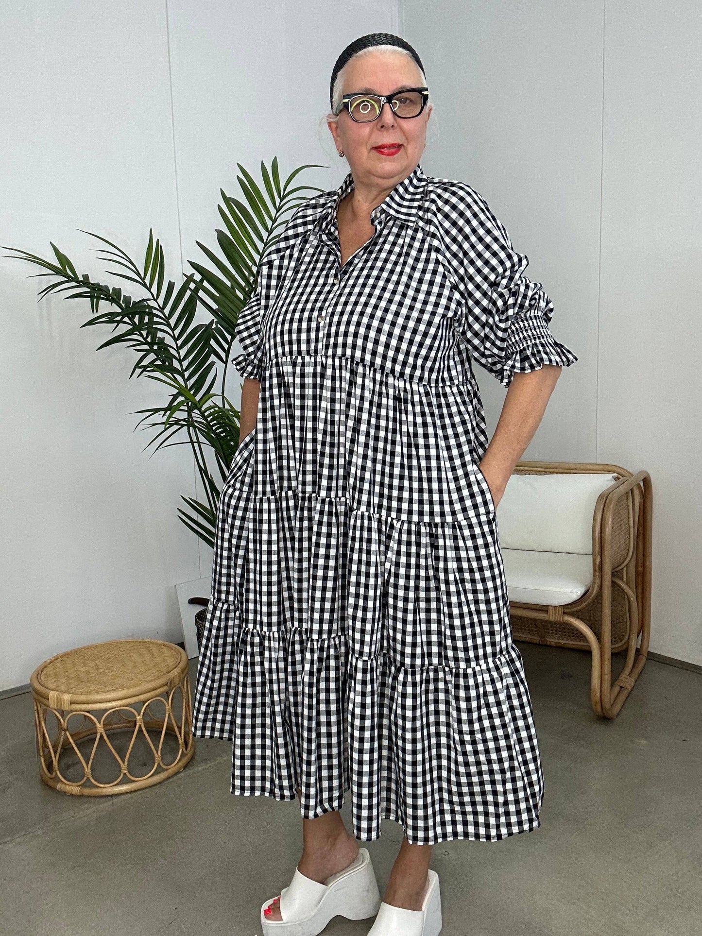 Black Gingham Midi Dress