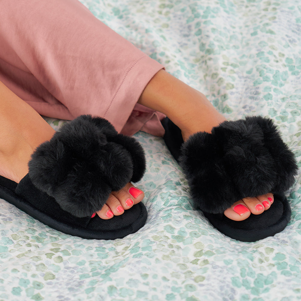 Pom Pom Slippers - Black