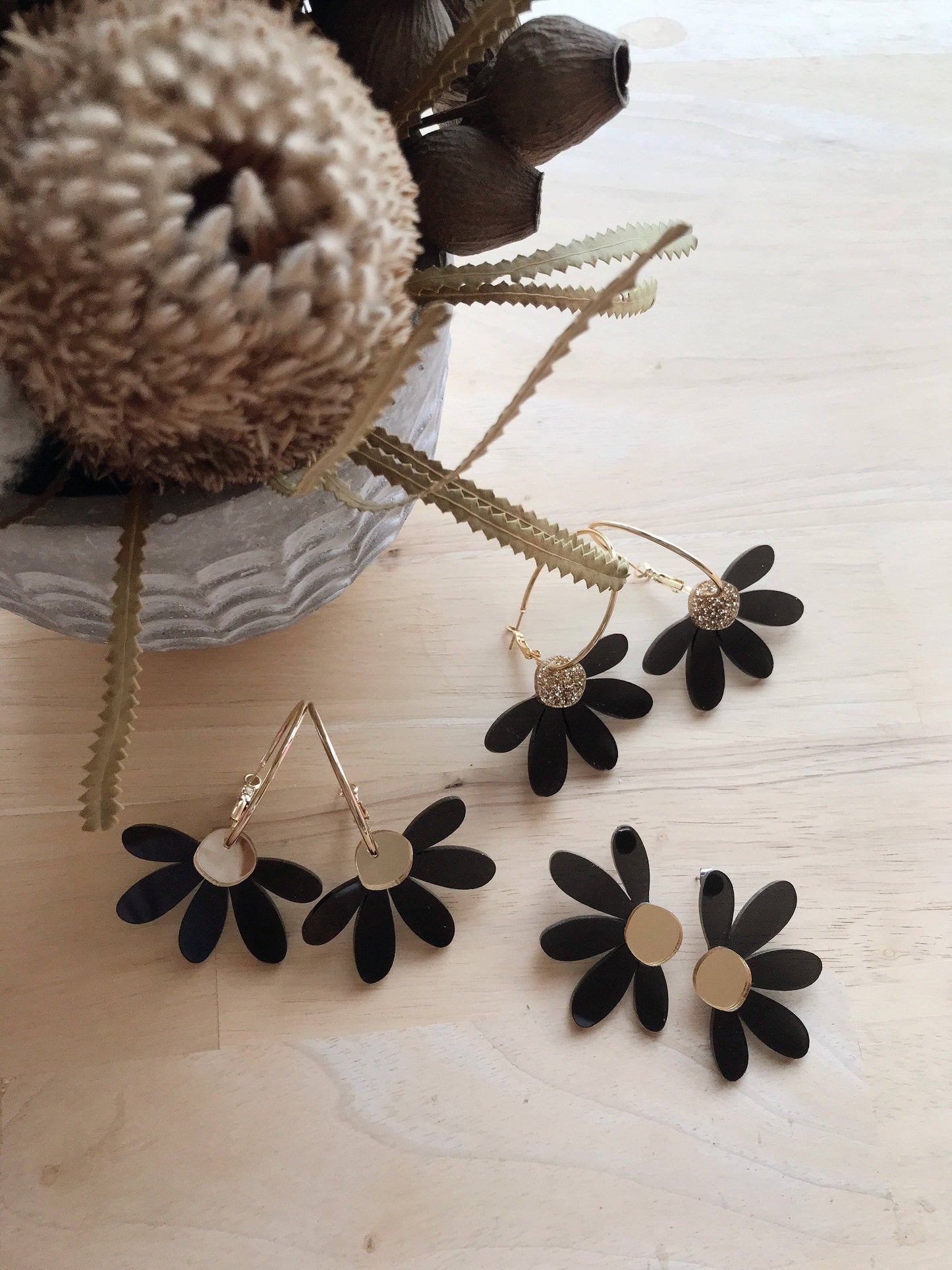 Jumbo Daisy Stud Earrings | Black + Gold