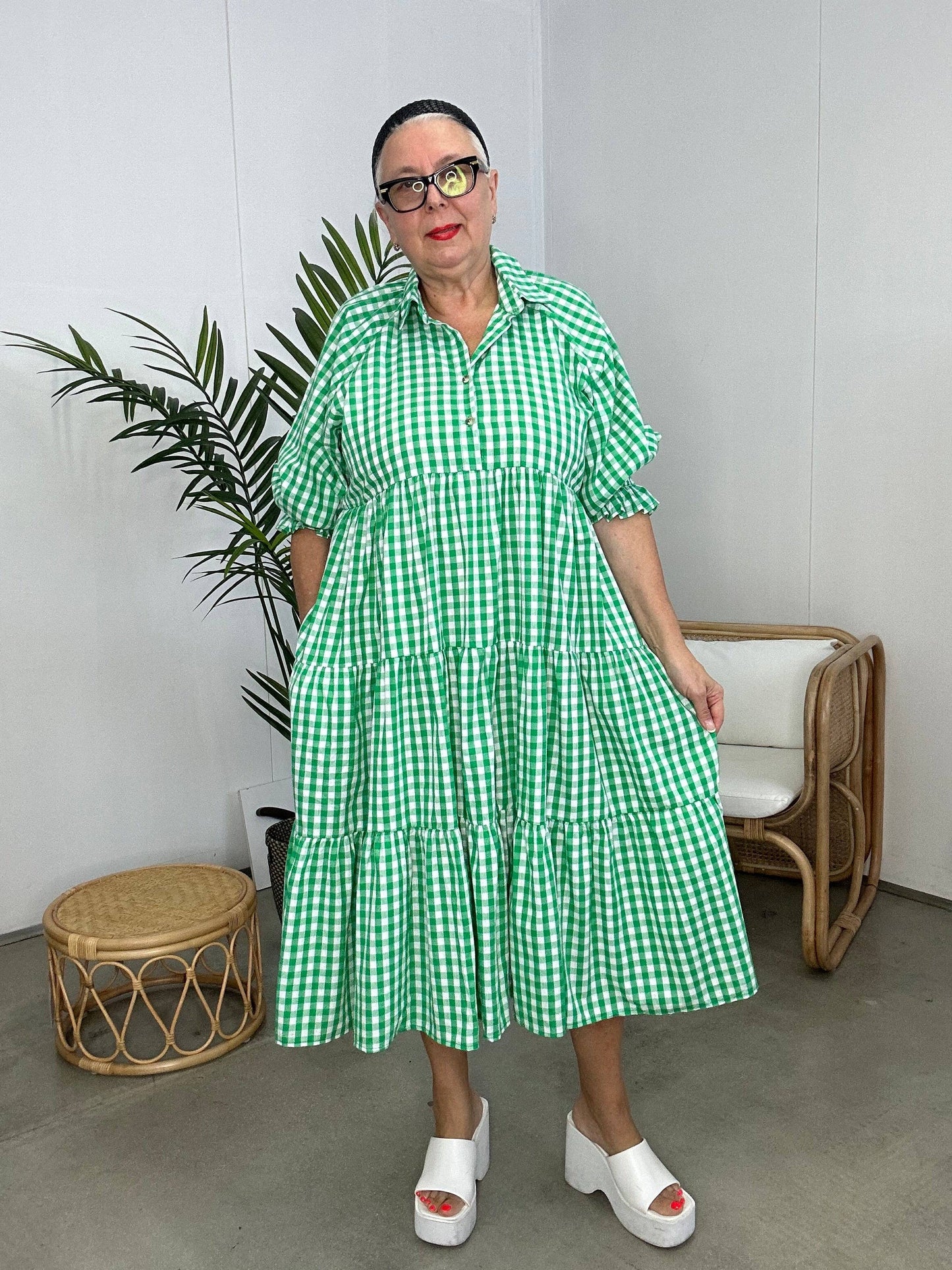 Green Gingham Midi Dress